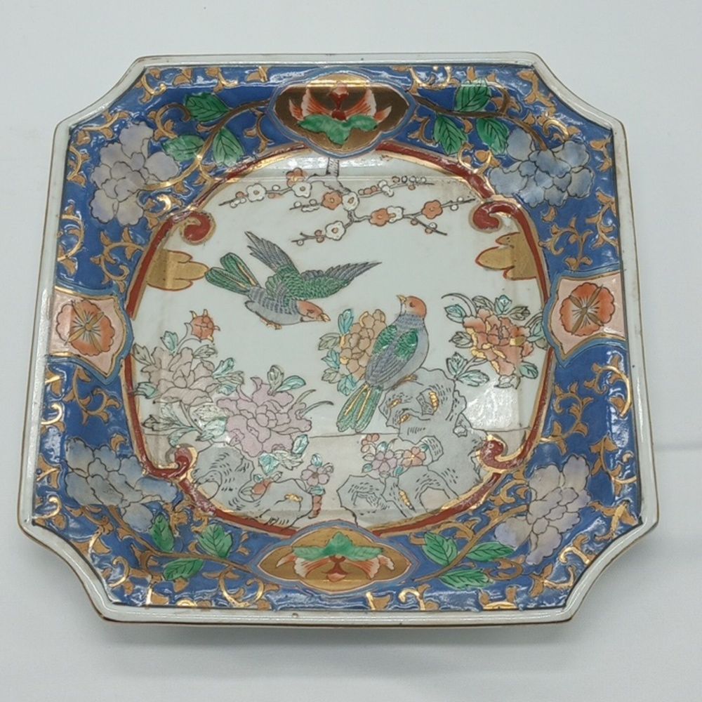 Vintage 1970's Oriental Hand Painted Square Plate Dish With Birds and Flowers